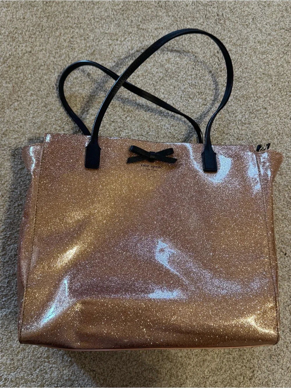 kate spade Glitter Tote in Rose Gold with Black Handles